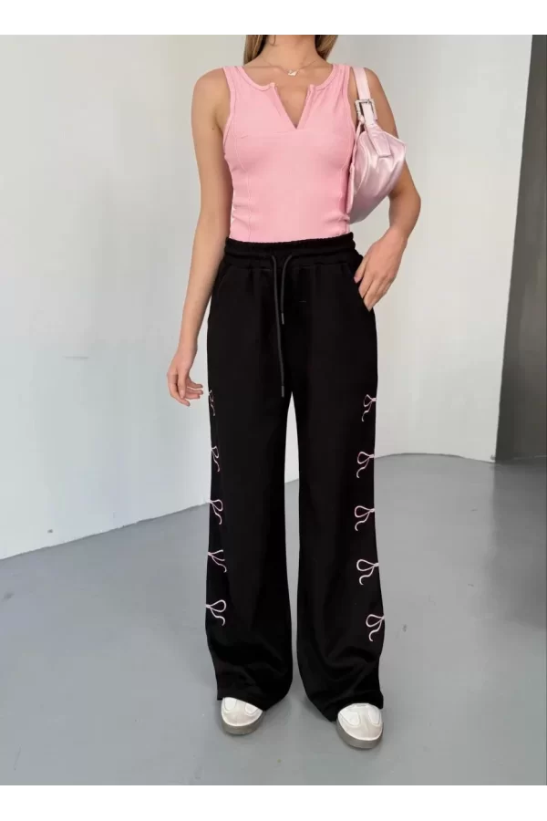 Luz&Pos Osy Modal Yumuşak Dokulu Kumaş Nakış İşlemeli Rahat Bol Paça Eşofman Pantalon - Siyah