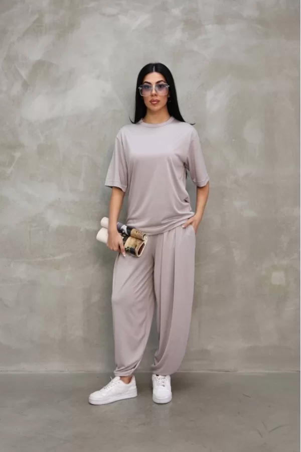 Osy Modal Yumuşak Dokulu Kumaş Oversize Bisiklet Yaka T-shirt Jogger Eşofman Altı Eşofman Takımı - Gri