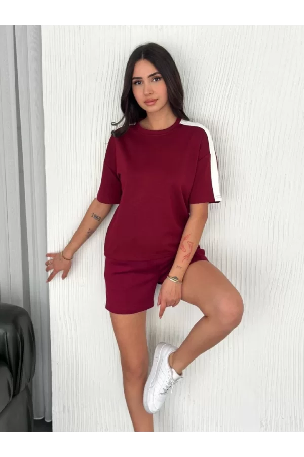 Osy Modal Yumuşak Dokulu Kumaş Parçalı Bisiklet Yaka T-shirt Kısa Şort İkili Takım -  Bordo
