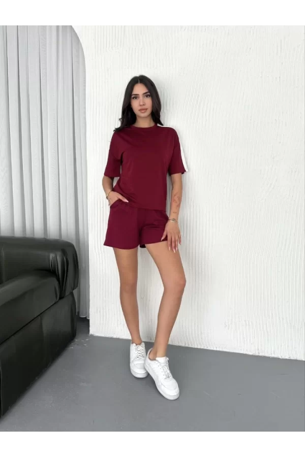 Osy Modal Yumuşak Dokulu Kumaş Parçalı Bisiklet Yaka T-shirt Kısa Şort İkili Takım -  Bordo