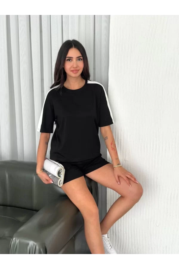Osy Modal Yumuşak Dokulu Kumaş Parçalı Bisiklet Yaka T-shirt Kısa Şort İkili Takım - Siyah