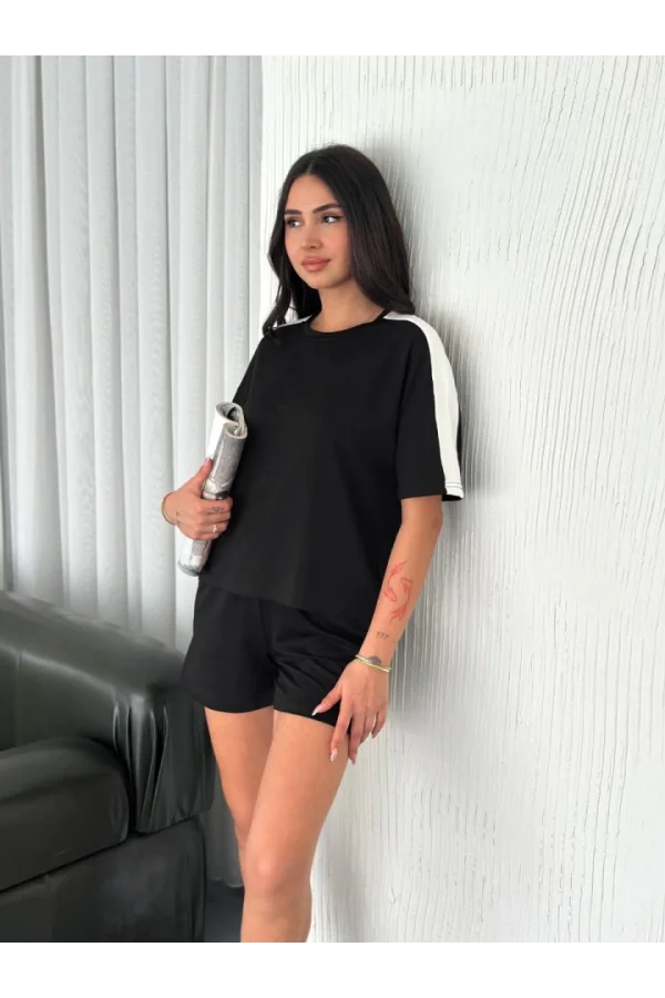 Osy Modal Yumuşak Dokulu Kumaş Parçalı Bisiklet Yaka T-shirt Kısa Şort İkili Takım - Siyah
