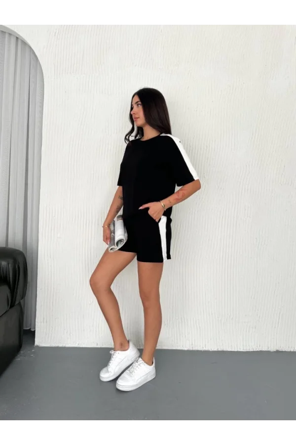 Osy Modal Yumuşak Dokulu Kumaş Parçalı Bisiklet Yaka T-shirt Kısa Şort İkili Takım - Siyah