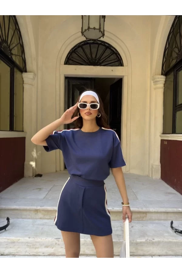 Osy Modal Yumuşak Dokulu Kumaş Parçalı Bisiklet Yaka T-shirt Mini Şortlu Etek İkili Takım -Lacivert