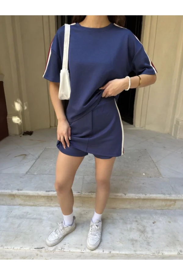 Osy Modal Yumuşak Dokulu Kumaş Parçalı Bisiklet Yaka T-shirt Mini Şortlu Etek İkili Takım -Lacivert