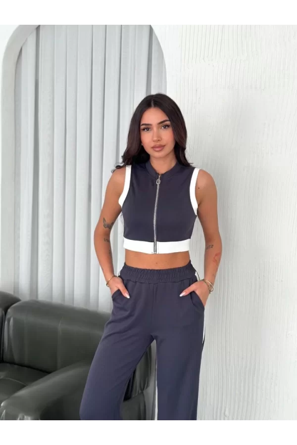 Osy Modal Yumuşak Dokulu Kumaş Tam Fermuarlı Crop Pantalon İkili Takım - Antrasit
