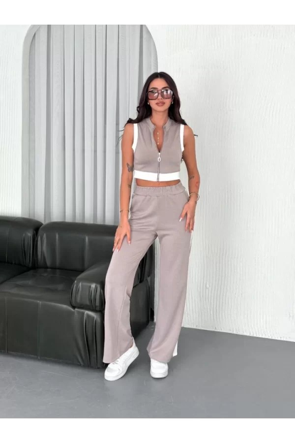 Osy Modal Yumuşak Dokulu Kumaş Tam Fermuarlı Crop Pantalon İkili Takım - Gri