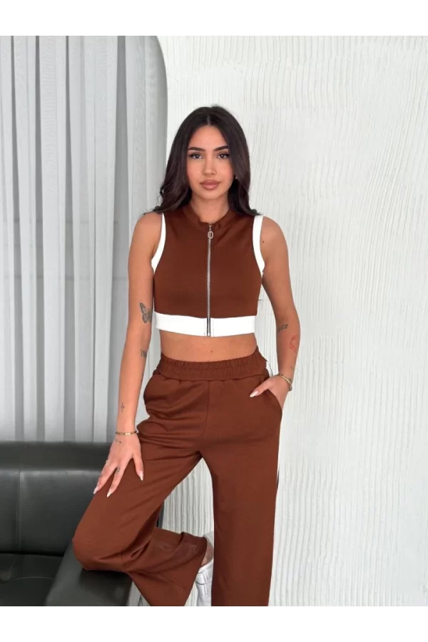 Osy Modal Yumuşak Dokulu Kumaş Tam Fermuarlı Crop Pantalon İkili Takım - Kahverengi