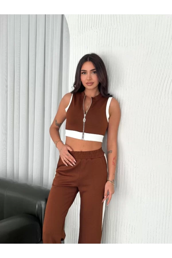 Osy Modal Yumuşak Dokulu Kumaş Tam Fermuarlı Crop Pantalon İkili Takım - Kahverengi