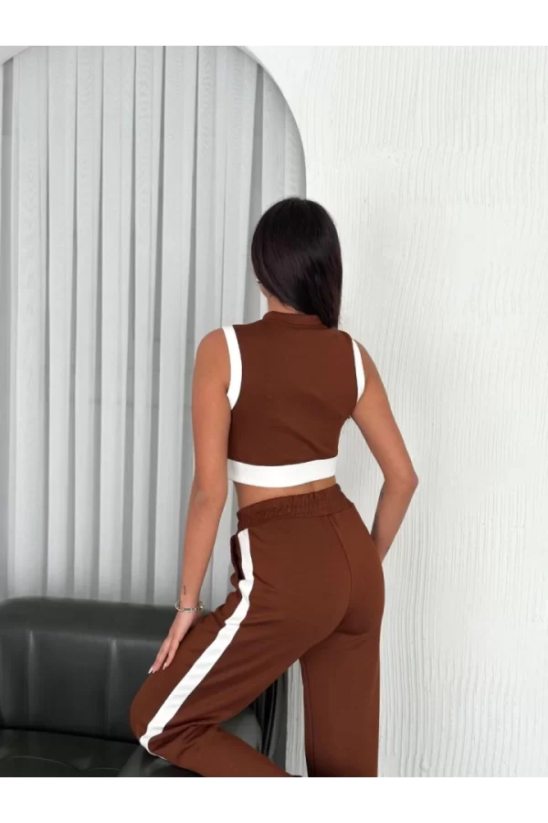 Osy Modal Yumuşak Dokulu Kumaş Tam Fermuarlı Crop Pantalon İkili Takım - Kahverengi