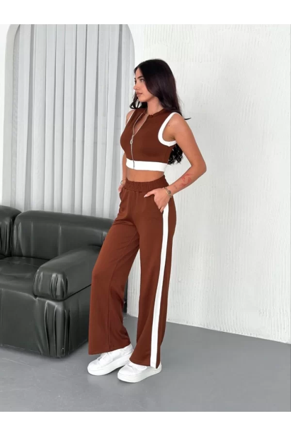 Osy Modal Yumuşak Dokulu Kumaş Tam Fermuarlı Crop Pantalon İkili Takım - Kahverengi