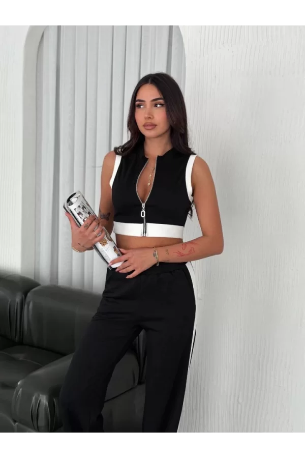 Osy Modal Yumuşak Dokulu Kumaş Tam Fermuarlı Crop Pantalon İkili Takım - Siyah