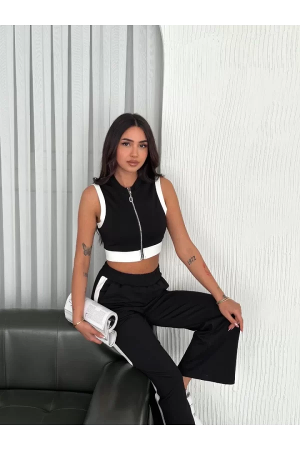 Osy Modal Yumuşak Dokulu Kumaş Tam Fermuarlı Crop Pantalon İkili Takım - Siyah