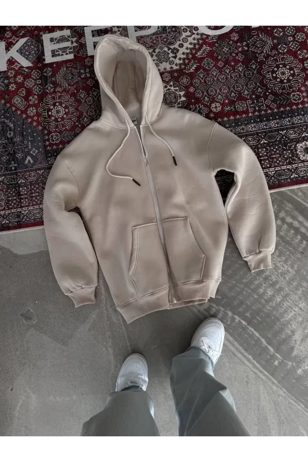 Luz&Pos Oversize Tam Fermuarlı Uzun Kol Hırka - Bej