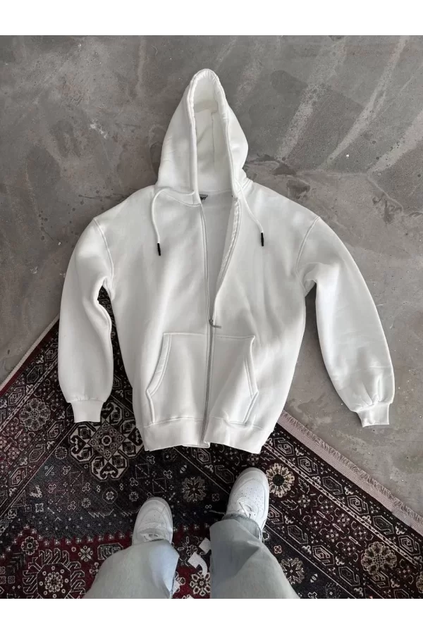 Luz&Pos Oversize Tam Fermuarlı Uzun Kol Hırka - Beyaz