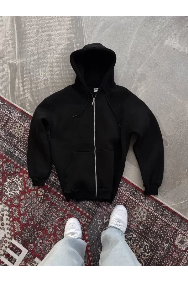 Luz&Pos Oversize Tam Fermuarlı Uzun Kol Hırka - Siyah