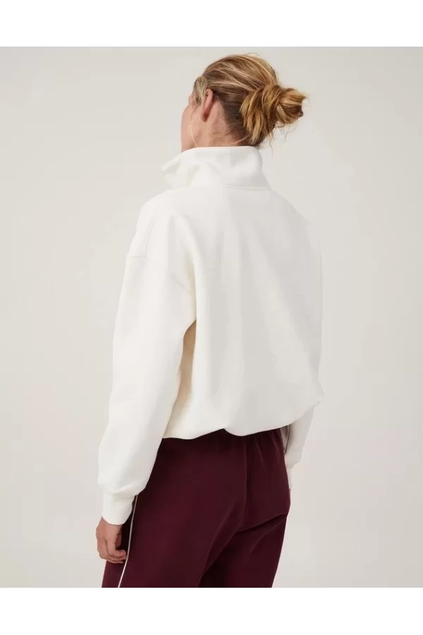 Oversize Yarım Farmuarlı Yakalı Basic SweatShirt - Beyaz