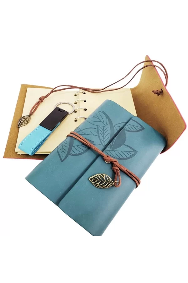 Özel Ahşap Kutulu Mavi Deri Defter Ve Anahtarlık Set