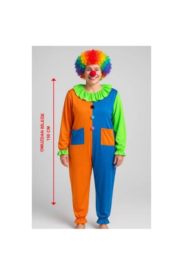 Palyaço Kostüm Seti 150 cm (Peruk + Burun + Kostüm)