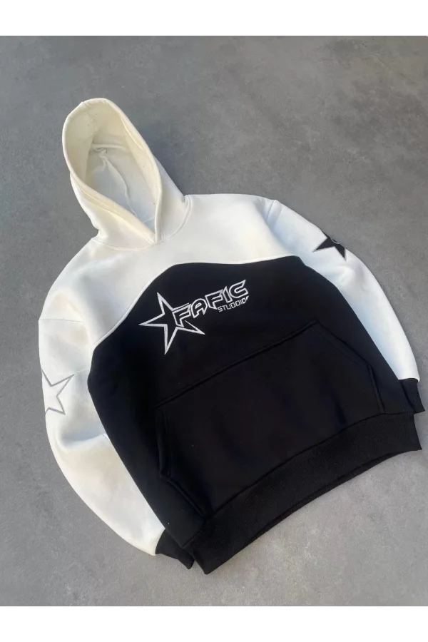 Luz&Pos Parçalı Nakış İşlemelı Kapüşonlu Sweatshirt - Beyaz