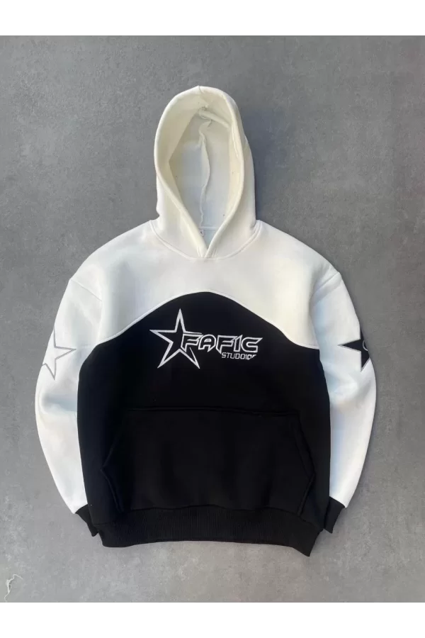 Luz&Pos Parçalı Nakış İşlemelı Kapüşonlu Sweatshirt - Beyaz