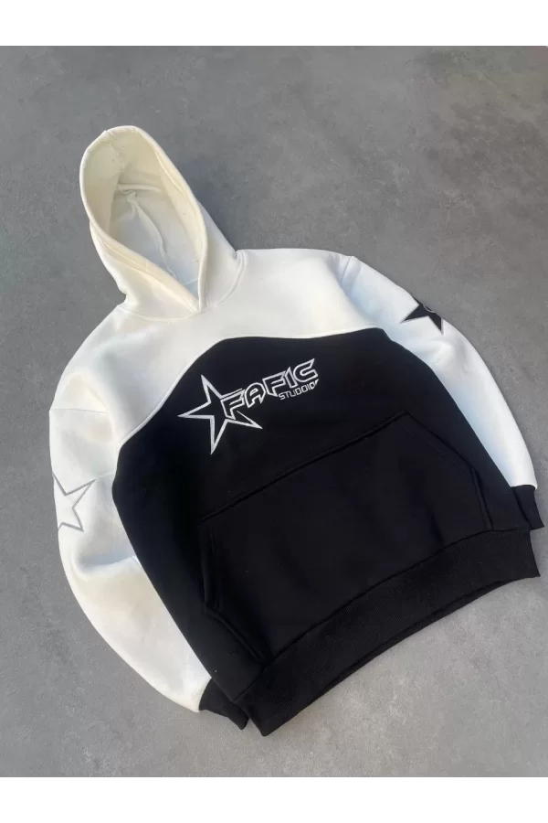 Luz&Pos Parçalı Nakış İşlemelı Kapüşonlu Sweatshirt - Beyaz