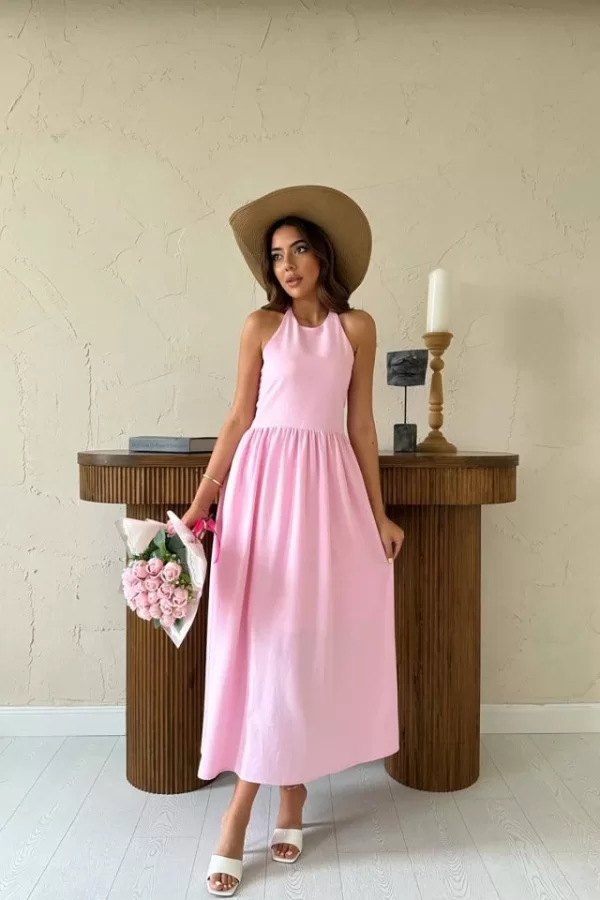 Pembe Arkası Gipeli Keten Elbise