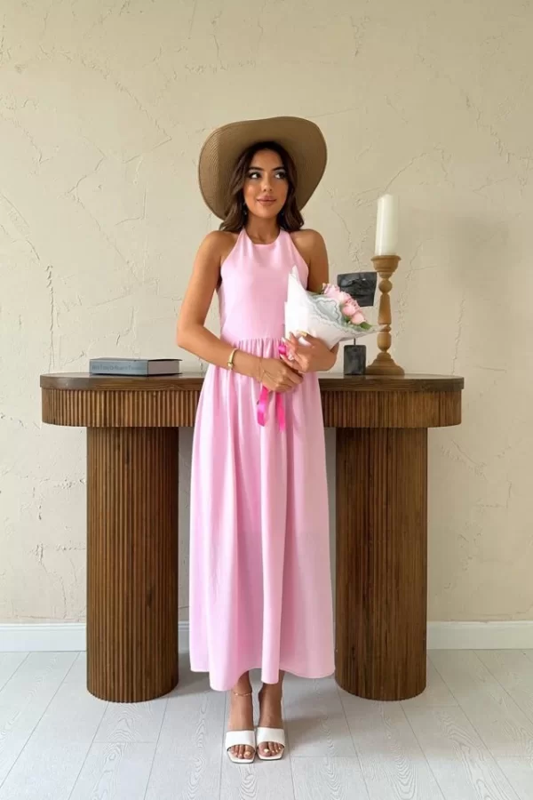 Pembe Arkası Gipeli Keten Elbise