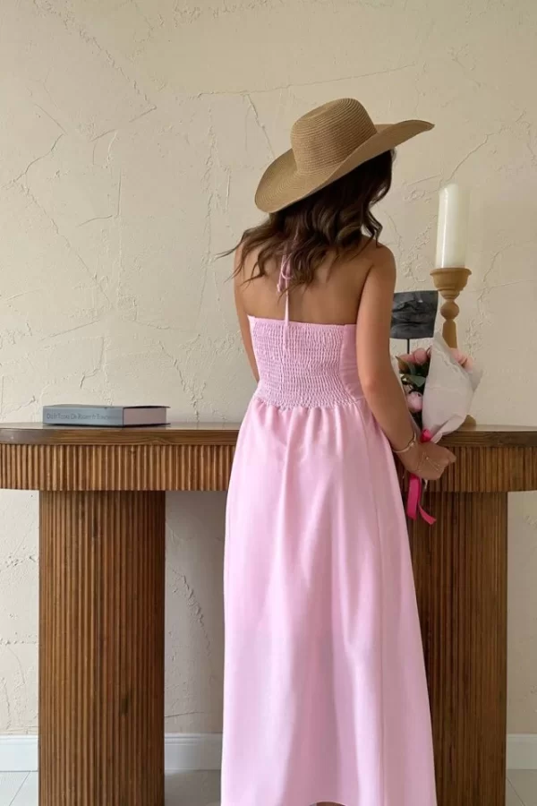 Pembe Arkası Gipeli Keten Elbise
