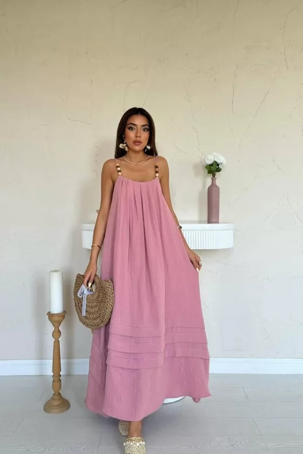 Pembe Askılı Müslin Elbise