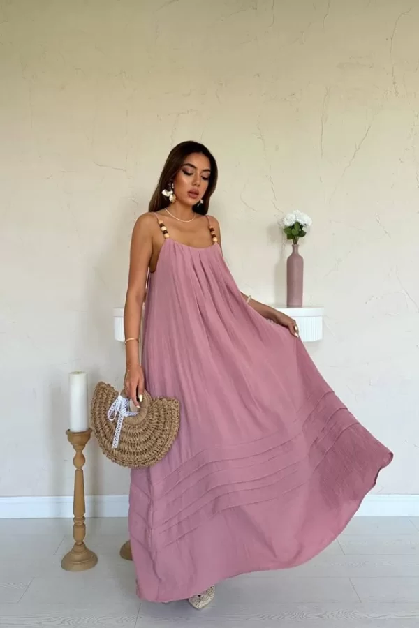 Pembe Askılı Müslin Elbise