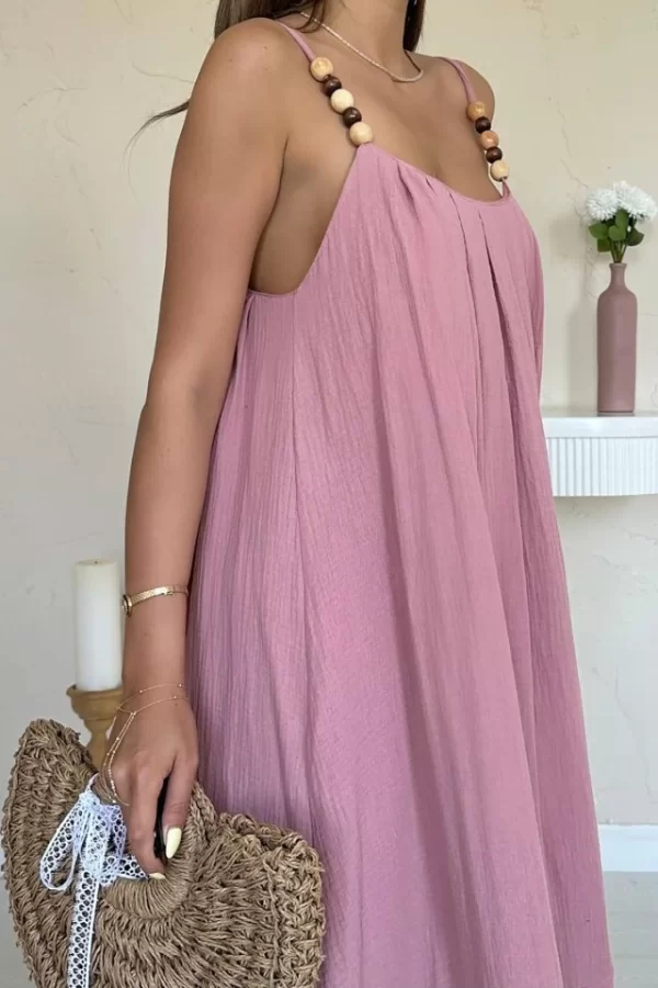 Pembe Askılı Müslin Elbise