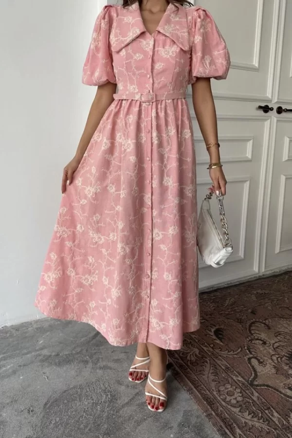 Pembe Bebe Yaka Balon Kollu Elbise