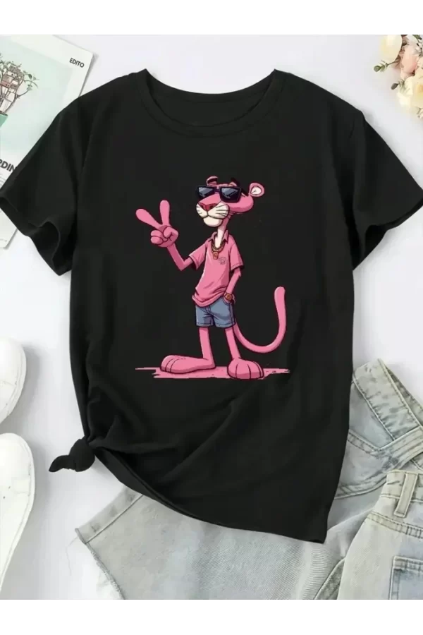 Pembe Panter Baskılı Oversize Bisiklet Yaka T-shirt - Beyaz