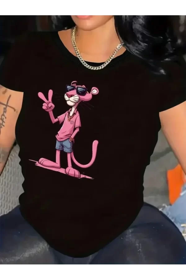 Pembe Panter Baskılı Oversize Bisiklet Yaka T-shirt - Beyaz