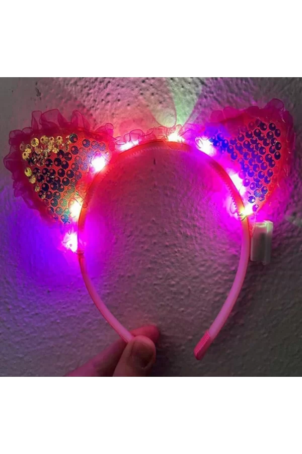Pembe Pullu Led Işıklı Kedi Kulak Taç