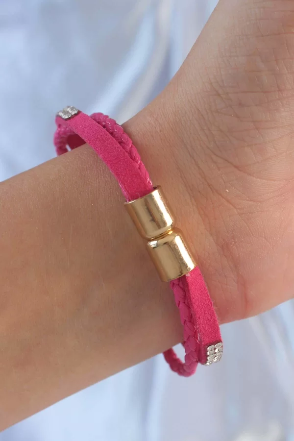 Pembe Renk Zirkon Taşlı Deri Çoklu Bileklik