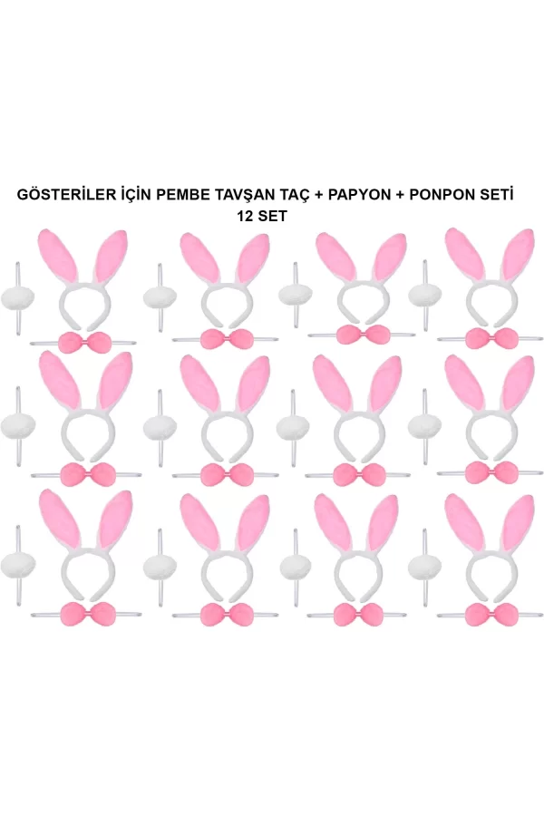Pembe Tavşan Kostüm Seti – Taç, Papyon, Ponpon (12’li Paket)