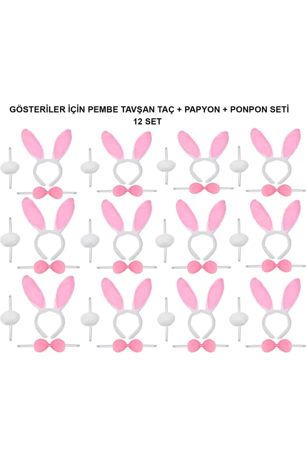 Pembe Tavşan Kostüm Seti – Taç, Papyon, Ponpon (12’li Paket)