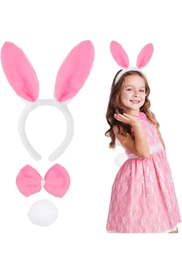 Pembe Tavşan Kostüm Seti – Taç, Papyon, Ponpon (12’li Paket)