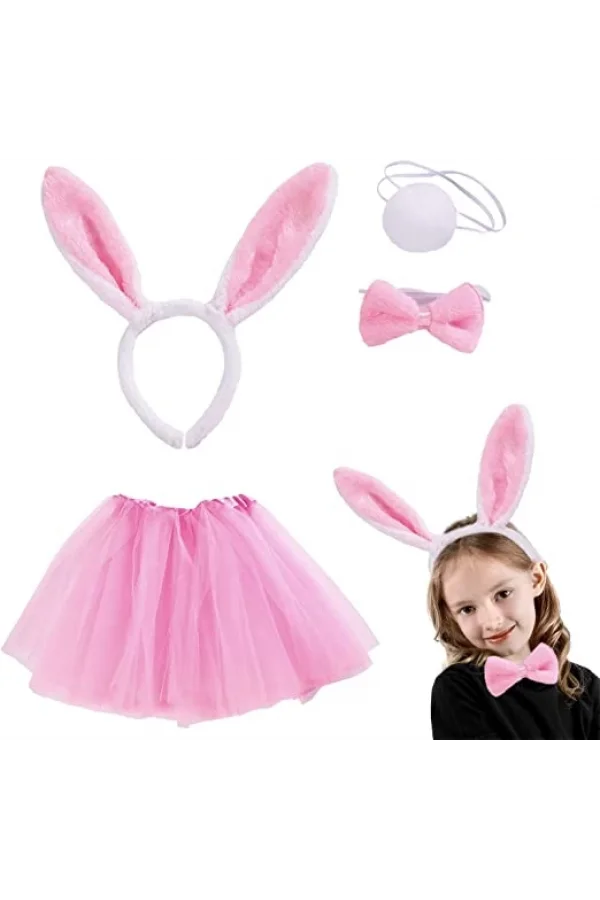 Pembe Tavşan Tacı Etek Papyon Kuyruk Kostüm Seti Çocuk Boy