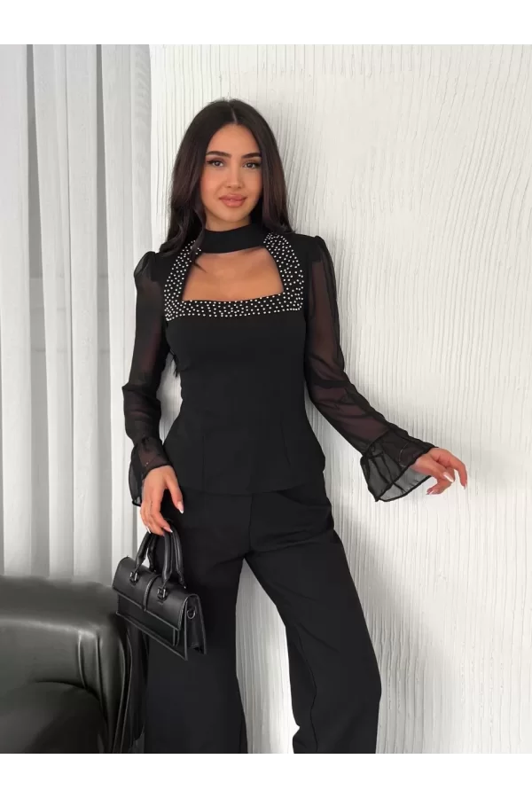 Luz&Pos Penye Uzun Kollu Kadın Kolları Şifon Göğüste İnci Boncuk Detaylı Bluz - Siyah