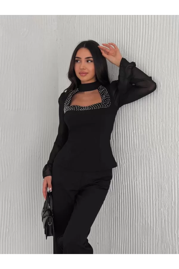 Luz&Pos Penye Uzun Kollu Kadın Kolları Şifon Göğüste İnci Boncuk Detaylı Bluz - Siyah