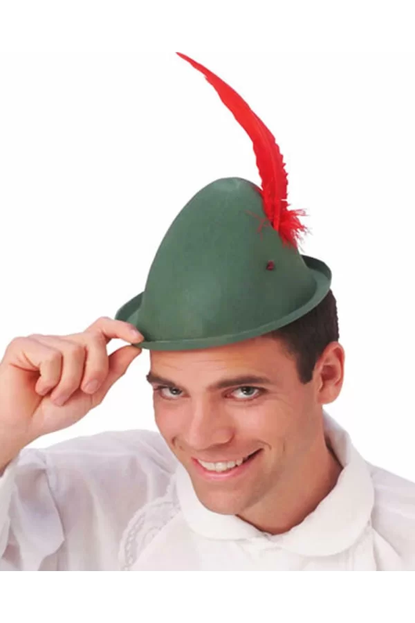 Peter Pan Şapkası Yeşil Renk Kırmızı Tüylü