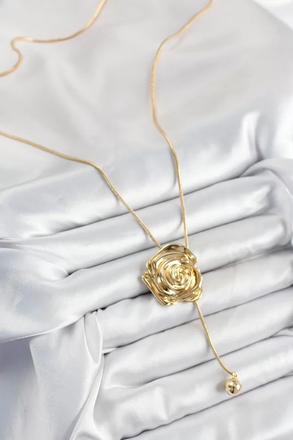 Pirinç Asansörlü Gül Model Gold Renk Kadın Kolye