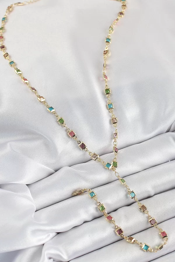 Pirinç Asorti Kare Model Gold Renk Zirkon Taşlı Y Kolye