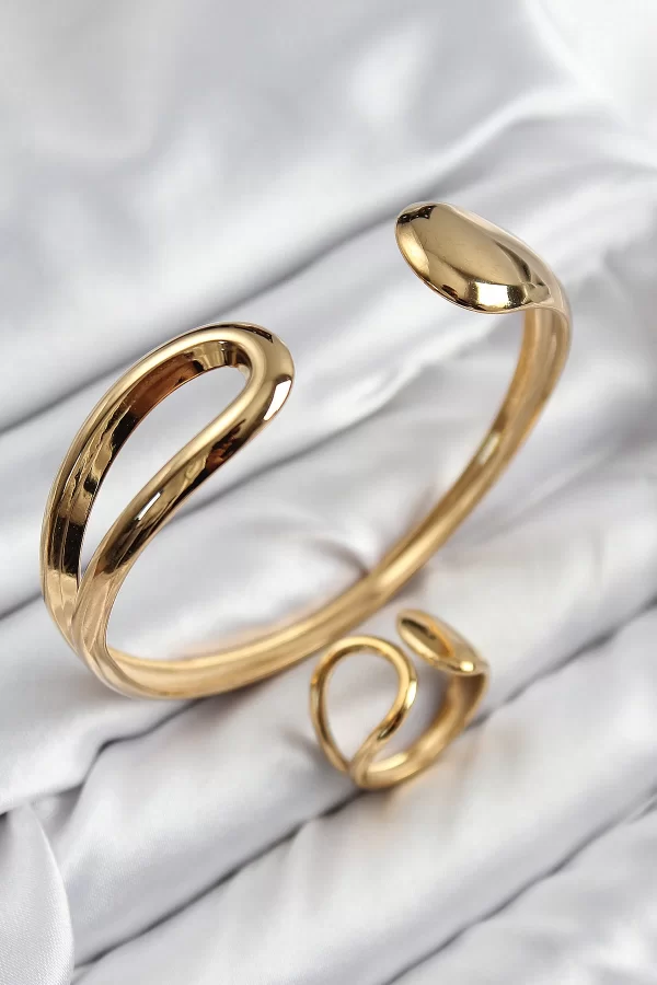 Pirinç Ayrık Model Gold Renk Bileklik Yüzük Set