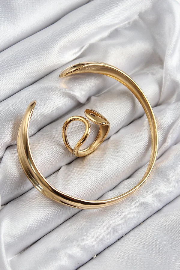 Pirinç Ayrık Model Gold Renk Bileklik Yüzük Set