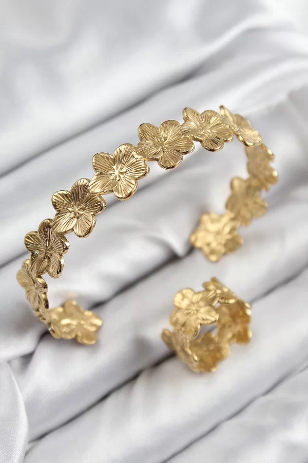 Pirinç Çiçek Model Gold Renk Bileklik Yüzük Set