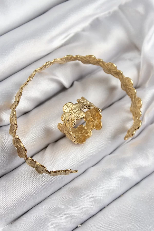 Pirinç Çiçek Model Gold Renk Bileklik Yüzük Set